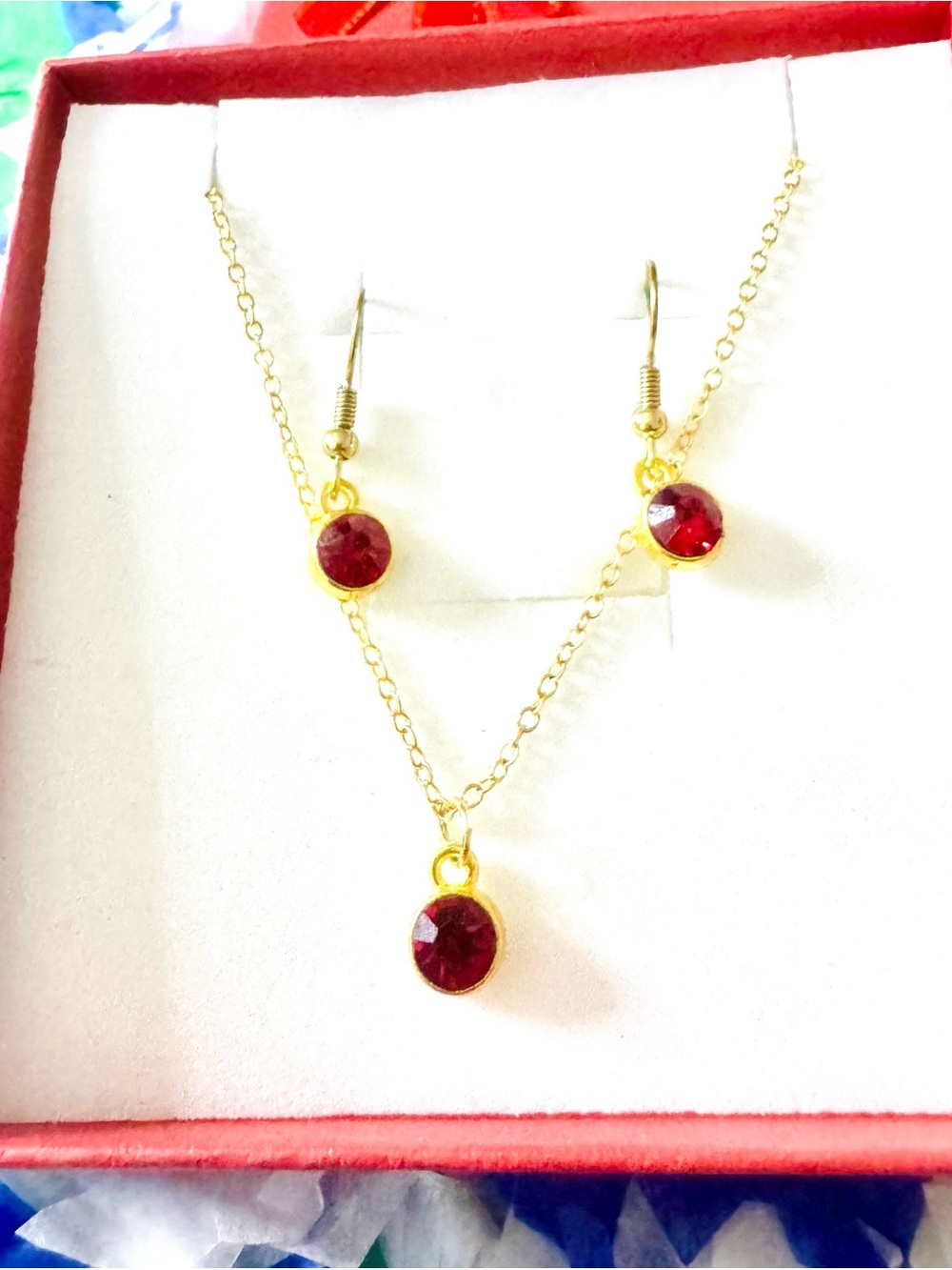 Gold-Tone Necklace and Earring Set with Red Gemstone Drops